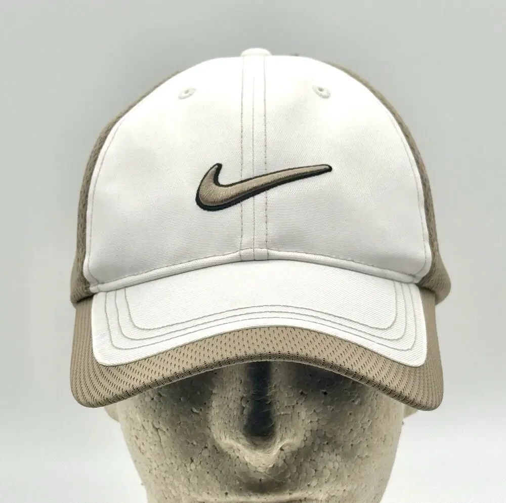 Nike Cap Hat 336056-101 Men's Adult Mesh Adjustable Golf Hat/Cap-White/Tan NWT